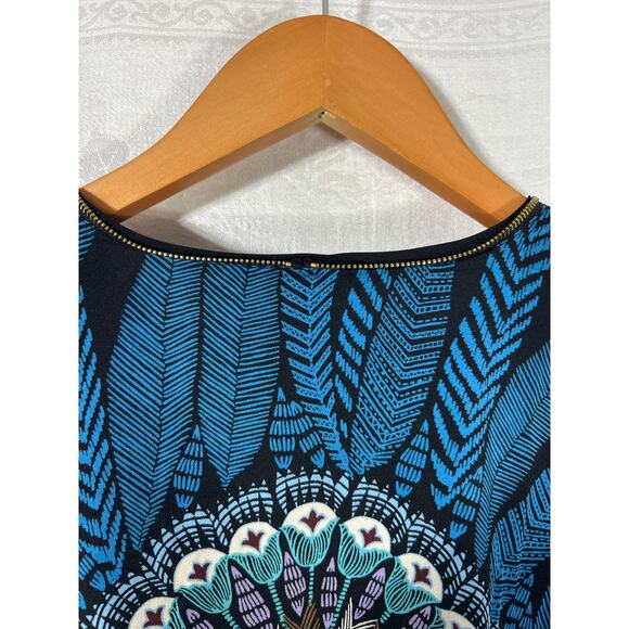 Bob Mackie Top 2X Black Blue Purple Feather Print 1/2 Zip Satin Tribal Peacock - Picture 8 of 10
